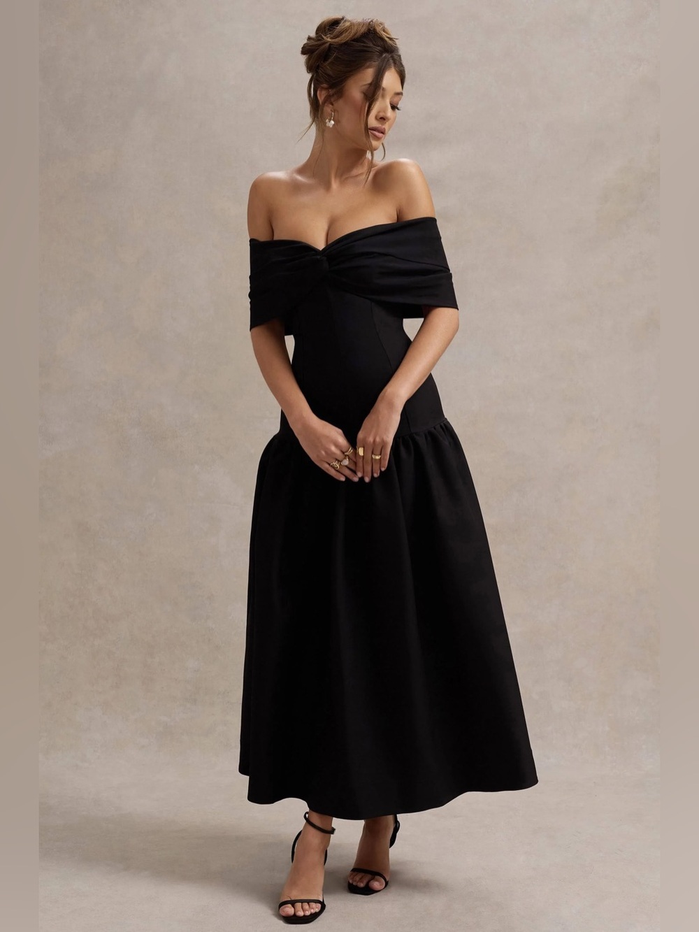 Club L London Marguerite Black Twisted Bardot Drop-Waist Maxi Dress 6 NWT